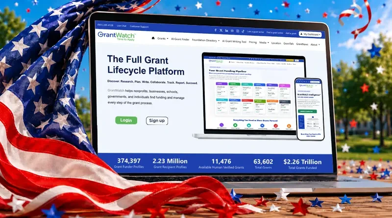 GrantWatch homepage surrounded by an American flag celebrating Independence Day and grant funding opportunities across the United States.