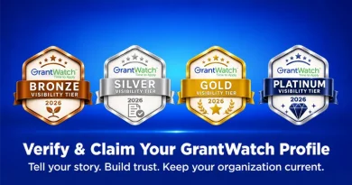 GrantWatch Visibility Tier™ badges encouraging organizations to verify and claim their Official GrantWatch Profile.