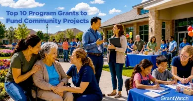 A vibrant community event takes place outside a large community center on a sunny day. Volunteers, families, seniors, and children gather for activities, conversations, and outreach programs. In the foreground, two caregivers support an elderly woman in a wheelchair while smiling and talking together. Nearby, children sit at a table drawing and coloring with a volunteer. Additional attendees mingle around activity booths decorated with colorful balloons. Overlay text reads, “Top 10 Program Grants to Fund Community Project,” and the GrantWatch logo appears in the bottom-right corner.