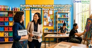 Two nonprofit professionals smile while talking in a bright community art classroom as students create artwork in the background. Overlaid text reads, "Building Better Funder Relationships Could Lead to More Grant Funding." The image highlights the importance of developing strong relationships with funders to support nonprofit programs and increase grant funding opportunities