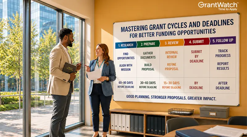 Two professionals stand in a modern office discussing grant funding strategies beside a large presentation board titled "Mastering Grant Cycles and Deadlines for Better Funding Opportunities." The board outlines the five stages of the grant process: Research, Prepare, Review, Submit, and Follow Up, with recommended timelines ranging from 90 days before the deadline through post-submission reporting. Floor-to-ceiling windows overlook a cityscape, and the GrantWatch logo appears in the upper-right corner.