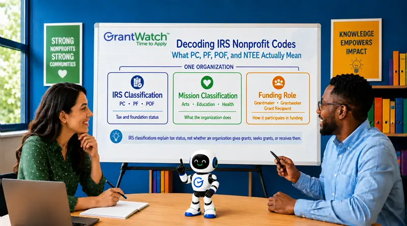 Diagram explaining IRS nonprofit codes PC, PF and POF alongside mission classifications and funding roles.