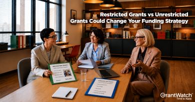 Three nonprofit professionals meeting around a conference table comparing restricted and unrestricted grant funding, with sample grant documents and the headline "Restricted Grants vs Unrestricted Grants Could Change Your Funding Strategy."