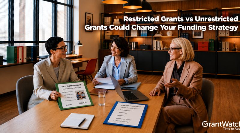Three nonprofit professionals meeting around a conference table comparing restricted and unrestricted grant funding, with sample grant documents and the headline "Restricted Grants vs Unrestricted Grants Could Change Your Funding Strategy."