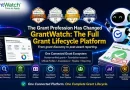 GrantWatch Visibility Tier badges (Bronze, Silver, Gold, Platinum) above the heading "The Grant Profession Has Changed: GrantWatch, The Full Grant Lifecycle Platform," with a dashboard preview and icons for human-verified grant discovery, foundation and 990 research, Official Profiles, GrantWatch Intelligence, the 12-stage Grant Pipeline, team collaboration, document management, reporting, and verified organizational visibility.