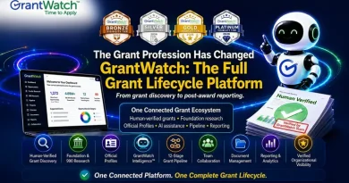 The Grant Profession Has Changed: What Modern Grant Management Software Should Include GrantWatch Visibility Tier badges (Bronze, Silver, Gold, Platinum) above the heading "The Grant Profession Has Changed: GrantWatch, The Full Grant Lifecycle Platform," with a dashboard preview and icons for human-verified grant discovery, foundation and 990 research, Official Profiles, GrantWatch Intelligence, the 12-stage Grant Pipeline, team collaboration, document management, reporting, and verified organizational visibility.