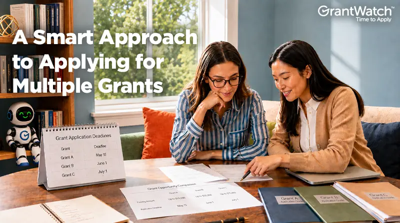 Two women sit at a table reviewing grant application materials and deadlines while planning multiple funding submissions. Documents, folders, and a calendar displaying grant deadlines are spread across the table. A bookshelf and window create a professional office setting. On-screen text reads, “A Smart Approach to Applying for Multiple Grants,” with the GrantWatch logo in the upper-right corner.