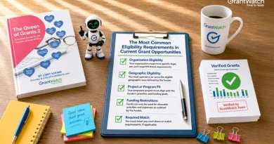 A desktop workspace displays grant funding resources, including The Queen of Grants 2 by Libby Hikind, a clipboard listing common eligibility requirements for grant opportunities, a GrantWatch mug, a stack of verified grant summaries, a small robot figurine, a notebook, sticky notes, a pen, and office supplies. The clipboard highlights key eligibility factors such as organization status, geographic eligibility, project alignment, funding restrictions, and matching fund requirements, emphasizing grant preparation and verified funding opportunities.