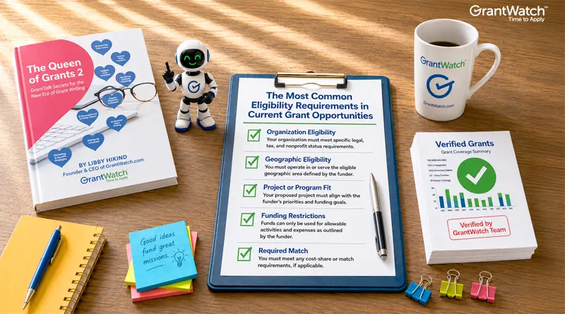 A desktop workspace displays grant funding resources, including The Queen of Grants 2 by Libby Hikind, a clipboard listing common eligibility requirements for grant opportunities, a GrantWatch mug, a stack of verified grant summaries, a small robot figurine, a notebook, sticky notes, a pen, and office supplies. The clipboard highlights key eligibility factors such as organization status, geographic eligibility, project alignment, funding restrictions, and matching fund requirements, emphasizing grant preparation and verified funding opportunities.