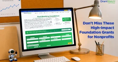 Computer monitor displaying the GrantWatch Foundation Search tool on a desk with a lamp, notebook, and office supplies. Text on the image reads, "Don't Miss These High-Impact Foundation Grants for Nonprofits." A chart labeled "Grant Opportunities Over Time" is visible in the background.