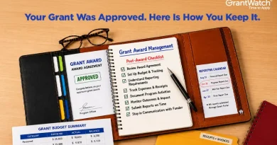 Illustrated GrantWatch graphic showing a grant award management folder with an approved grant agreement, a post-award checklist, budget summary, receipts, and a reporting calendar. The image highlights key grant management tasks such as tracking expenses, meeting reporting deadlines, documenting activities, monitoring outcomes, and maintaining communication with funders to help recipients keep their grant funding.