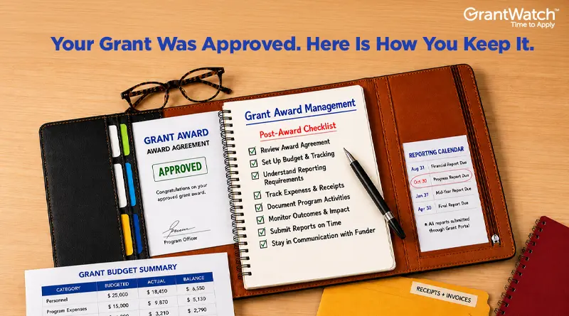 Illustrated GrantWatch graphic showing a grant award management folder with an approved grant agreement, a post-award checklist, budget summary, receipts, and a reporting calendar. The image highlights key grant management tasks such as tracking expenses, meeting reporting deadlines, documenting activities, monitoring outcomes, and maintaining communication with funders to help recipients keep their grant funding.