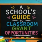 Colorful classroom-themed graphic featuring a large chalkboard with the title "A School's Guide to Classroom Grant Opportunities" written in bright chalk-style lettering. The classroom scene includes an apple on stacked books, a globe, colorful markers, bookshelves, educational posters, classroom bunting, and the GrantWatch logo. No people are shown.
