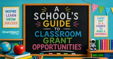 Colorful classroom-themed graphic featuring a large chalkboard with the title "A School's Guide to Classroom Grant Opportunities" written in bright chalk-style lettering. The classroom scene includes an apple on stacked books, a globe, colorful markers, bookshelves, educational posters, classroom bunting, and the GrantWatch logo. No people are shown.