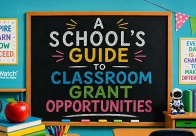 Colorful classroom-themed graphic featuring a large chalkboard with the title "A School's Guide to Classroom Grant Opportunities" written in bright chalk-style lettering. The classroom scene includes an apple on stacked books, a globe, colorful markers, bookshelves, educational posters, classroom bunting, and the GrantWatch logo. No people are shown.