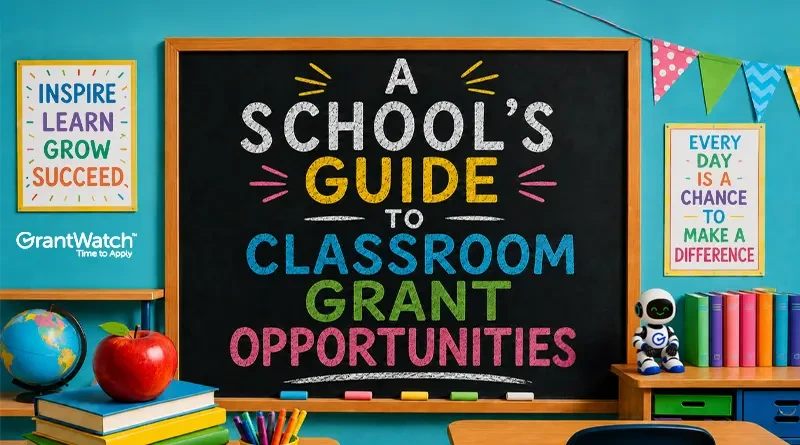 Colorful classroom-themed graphic featuring a large chalkboard with the title "A School's Guide to Classroom Grant Opportunities" written in bright chalk-style lettering. The classroom scene includes an apple on stacked books, a globe, colorful markers, bookshelves, educational posters, classroom bunting, and the GrantWatch logo. No people are shown.