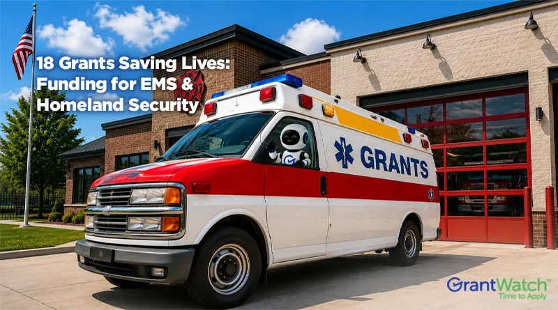 An ambulance labeled "GRANTS" is parked outside a fire station on a sunny day, with an American flag flying nearby. A small robot character is visible inside the ambulance. Text on the image reads: "18 Grants Saving Lives: Funding for EMS & Homeland Security." The GrantWatch logo appears in the lower-right corner.