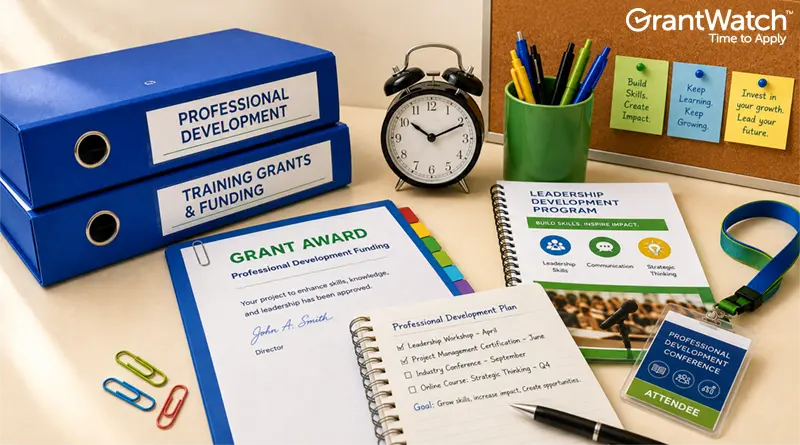 Desktop workspace featuring professional development funding materials, including grant award documents, training and funding binders, leadership development program guides, a conference attendee badge, an alarm clock, office supplies, and motivational notes highlighting skills, learning, and leadership growth. GrantWatch branding appears in the upper-right corner.