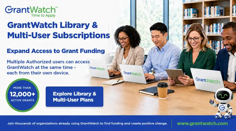 GrantWatch Library & Multi-User Subscriptions graphic promoting expanded access to grant funding. The image shows four professionals using GrantWatch on laptops and a tablet, with text highlighting 12,000+ active grants and simultaneous access for multiple authorized users.