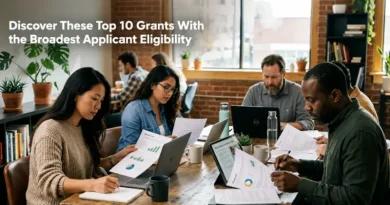 A diverse group of professionals sits around a wooden conference table in a modern office, reviewing documents and working on laptops. Large windows, exposed brick walls, and indoor plants create a collaborative workspace. White text in the upper left corner reads, “Discover These Top 10 Grants With the Broadest Applicant Eligibility.”