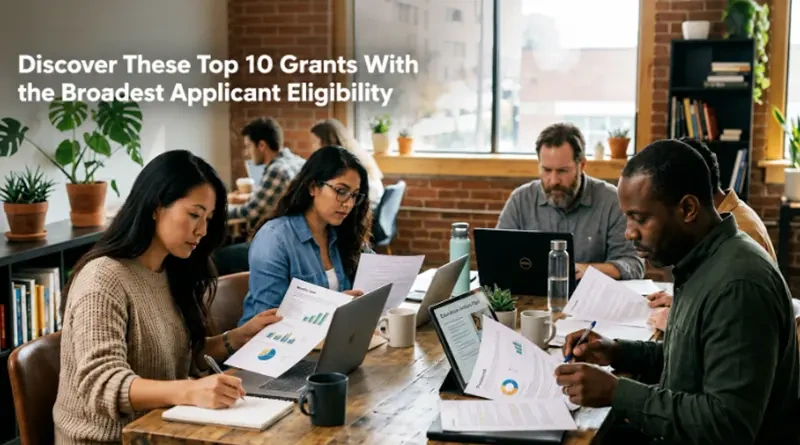 A diverse group of professionals sits around a wooden conference table in a modern office, reviewing documents and working on laptops. Large windows, exposed brick walls, and indoor plants create a collaborative workspace. White text in the upper left corner reads, “Discover These Top 10 Grants With the Broadest Applicant Eligibility.”