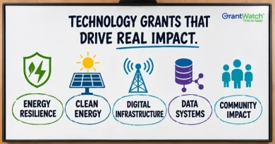 A diagram titled “Technology Grants That Drive Real Impact,” with icons representing energy resilience, clean energy, digital infrastructure, data systems, and community impact. Several attendees watch the presentation from around a conference table. Overlaid text reads: “Plug Into the Power of These 10 Nonprofit Technology Grants.” The GrantWatch logo appears in the bottom-right corner.