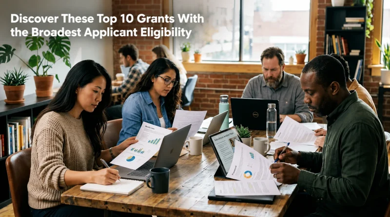 A diverse group of professionals sits around a wooden conference table in a modern office, reviewing documents and working on laptops. Large windows, exposed brick walls, and indoor plants create a collaborative workspace. White text in the upper left corner reads, “Discover These Top 10 Grants With the Broadest Applicant Eligibility.”