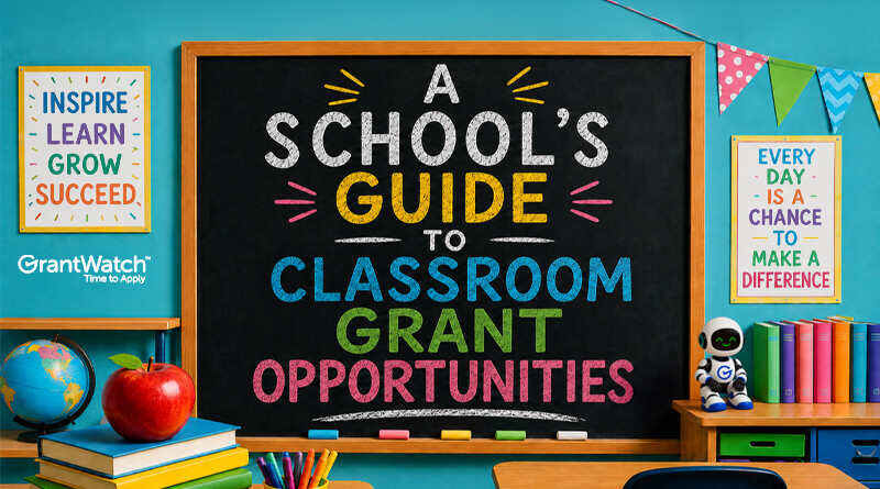 Colorful classroom-themed graphic featuring a large chalkboard with the title "A School's Guide to Classroom Grant Opportunities" written in bright chalk-style lettering. The classroom scene includes an apple on stacked books, a globe, colorful markers, bookshelves, educational posters, classroom bunting, and the GrantWatch logo. No people are shown.