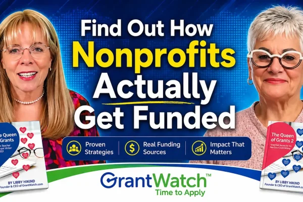 Banner showing two women holding grant-writing books with the headline “Find Out How Nonprofits Actually Get Funded” and GrantWatch branding.